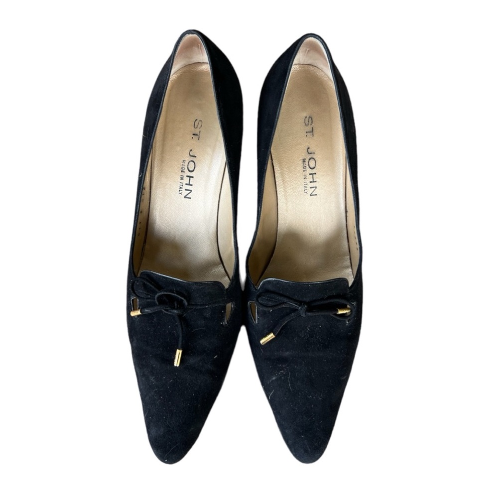 ST JOHN Black suede Made In Italy Bow Tie Gold Accents Women’s Heels Size 11